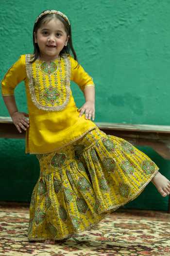 Buy_Rage Attire-Sweta Saria_Yellow Silk, Bemberg Gota Work Kurta And Printed Sharara Set _Online_at_Aza_Fashions