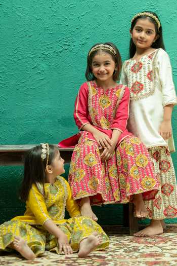 Shop_Rage Attire-Sweta Saria_Yellow Silk, Bemberg Gota Work Kurta And Printed Sharara Set _Online_at_Aza_Fashions