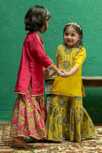 Rage Attire-Sweta Saria_Yellow Silk, Bemberg Gota Work Kurta And Printed Sharara Set _at_Aza_Fashions