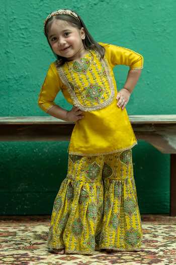 Shop Rage Attire-Sweta Saria Yellow Silk, Bemberg Gota Work Kurta And Printed Sharara Set Shop_Rage Attire-Sweta Saria_Yellow Silk, Bemberg Gota Work Kurta And Printed Sharara Set