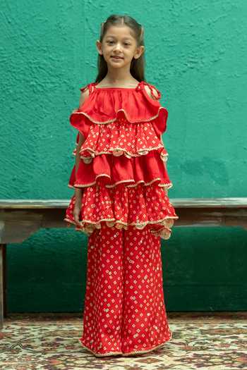 Buy_Rage Attire-Sweta Saria_Red Chinon Bandhani Sharara And Tiered Top Set _Online_at_Aza_Fashions