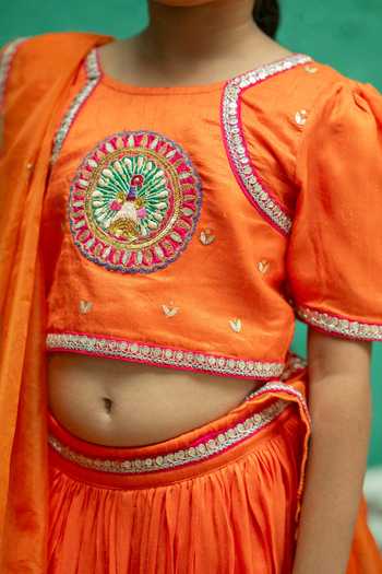Buy_Rage Attire-Sweta Saria_Orange Silk, Organza Peacock Embroidered Lehenga Set _Online_at_Aza_Fashions