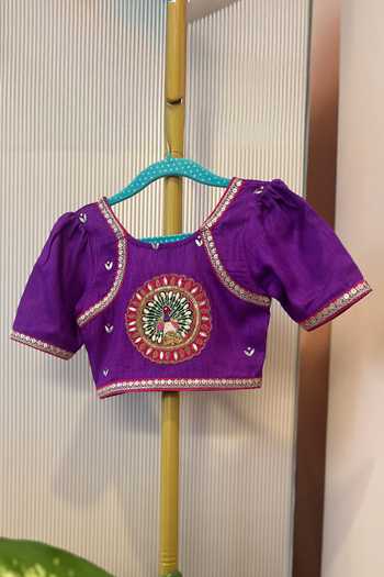 Rage Attire-Sweta Saria_Purple Silk, Organza, Muslin Peacock Embroidered Lehenga Set _Online_at_Aza_Fashions