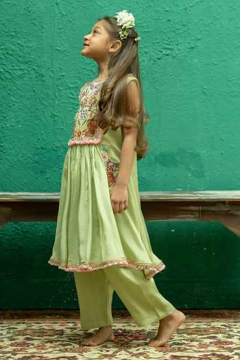 Buy_Rage Attire-Sweta Saria_Green Muslin, Chinon Elephant Patch Work Kurta And Pant Set _Online_at_Aza_Fashions