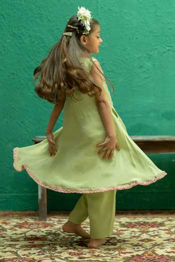 Rage Attire-Sweta Saria_Green Muslin, Chinon Elephant Patch Work Kurta And Pant Set _at_Aza_Fashions
