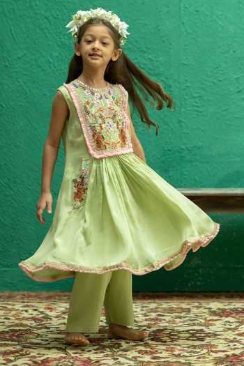 Buy_Rage Attire-Sweta Saria_Green Muslin, Chinon Elephant Patch Work Kurta And Pant Set 