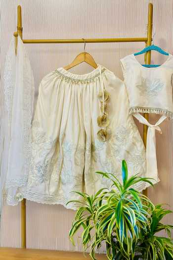 Buy_Rage Attire-Sweta Saria_Ivory Silk, Organza Bloom Gota Lace Work Lehenga Set _Online_at_Aza_Fashions