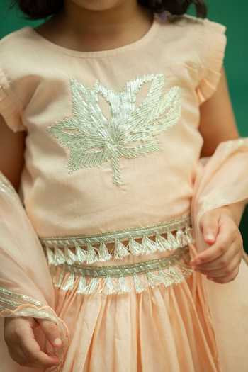 Rage Attire-Sweta Saria_Peach Silk, Organza, Muslin Bloom Gota Lace Work Lehenga Set _Online_at_Aza_Fashions