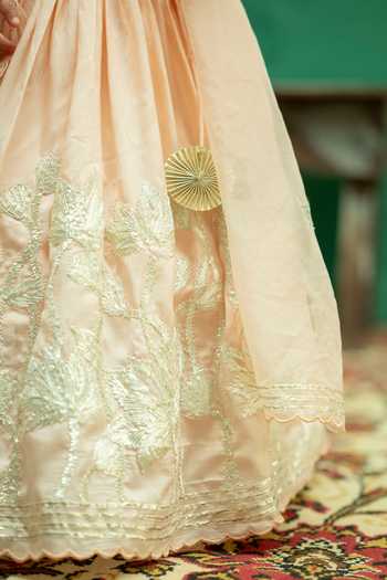 Buy_Rage Attire-Sweta Saria_Peach Silk, Organza, Muslin Bloom Gota Lace Work Lehenga Set _Online_at_Aza_Fashions