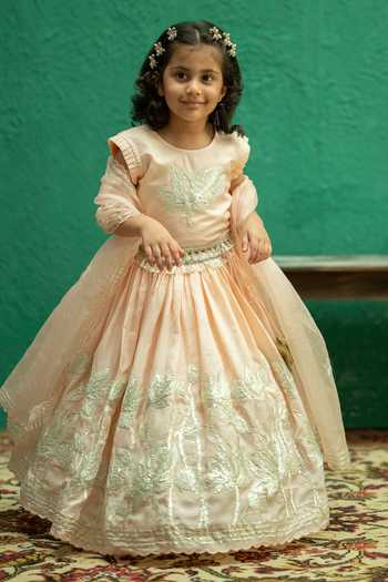 Shop_Rage Attire-Sweta Saria_Peach Silk, Organza, Muslin Bloom Gota Lace Work Lehenga Set _Online_at_Aza_Fashions