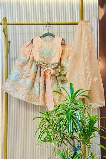 Rage Attire-Sweta Saria Peach Silk, Organza, Muslin Bloom Gota Lace Work Lehenga Set at Aza Fashions Rage Attire-Sweta Saria_Peach Silk, Organza, Muslin Bloom Gota Lace Work Lehenga Set _at_Aza_Fashions