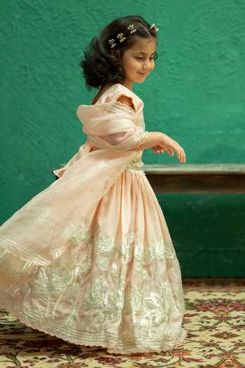 Shop_Rage Attire-Sweta Saria_Peach Silk, Organza, Muslin Bloom Gota Lace Work Lehenga Set 