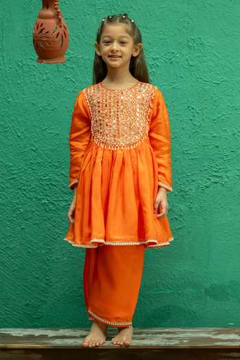 Rage Attire-Sweta Saria_Orange Silk Sunset Mirror Work Kurta And Pant Set _Online_at_Aza_Fashions