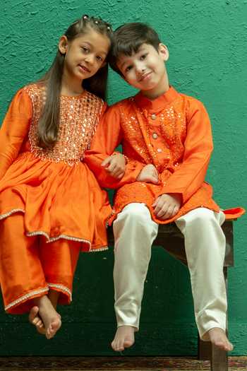 Buy_Rage Attire-Sweta Saria_Orange Silk Sunset Mirror Work Kurta And Pant Set _Online_at_Aza_Fashions