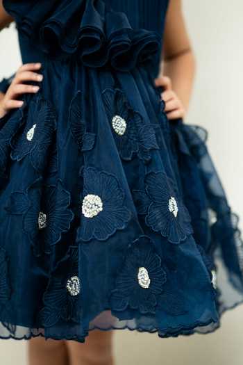Rage Attire-Sweta Saria_Blue Organza 3d Floral Applique Dress _Online_at_Aza_Fashions
