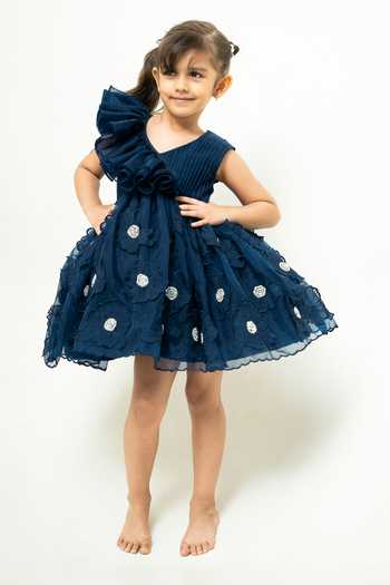 Shop_Rage Attire-Sweta Saria_Blue Organza 3d Floral Applique Dress _Online_at_Aza_Fashions