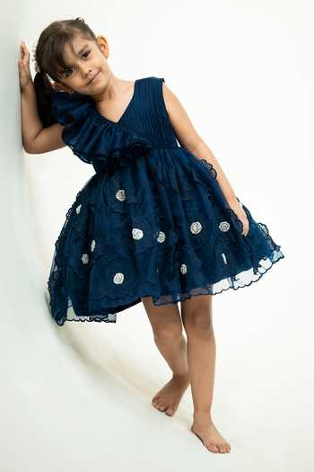 Rage Attire-Sweta Saria_Blue Organza 3d Floral Applique Dress _at_Aza_Fashions