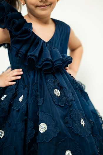 Buy_Rage Attire-Sweta Saria_Blue Organza 3d Floral Applique Dress 