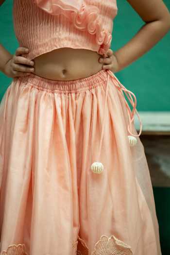 Rage Attire-Sweta Saria_Peach Organza 3d Floral Applique Lehenga And Blouse Set _Online_at_Aza_Fashions