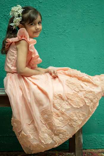 Buy_Rage Attire-Sweta Saria_Peach Organza 3d Floral Applique Lehenga And Blouse Set _Online_at_Aza_Fashions