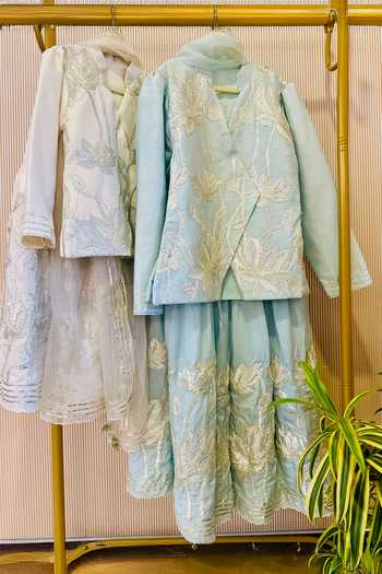 Rage Attire-Sweta Saria Blue Silk, Bemberg Bloom Gota Lace Jacket And Sharara Set Online at Aza Fashions Rage Attire-Sweta Saria_Blue Silk, Bemberg Bloom Gota Lace Jacket And Sharara Set _Online_at_Aza_Fashions