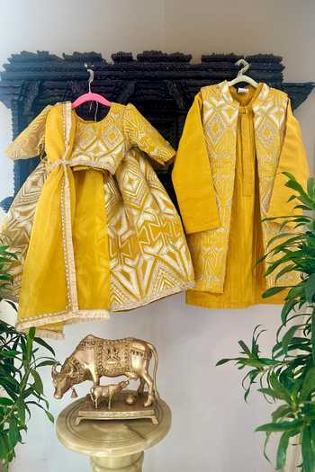 Rage Attire-Sweta Saria_Yellow Organza, Silk, Bemberg Geometric Gota Lace Lehenga Set _Online_at_Aza_Fashions