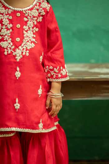 Rage Attire-Sweta Saria_Red Silk, Bemberg Pearl Work Kurta And Sharara Set _Online_at_Aza_Fashions