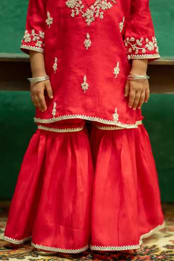 Buy_Rage Attire-Sweta Saria_Red Silk, Bemberg Pearl Work Kurta And Sharara Set _Online_at_Aza_Fashions