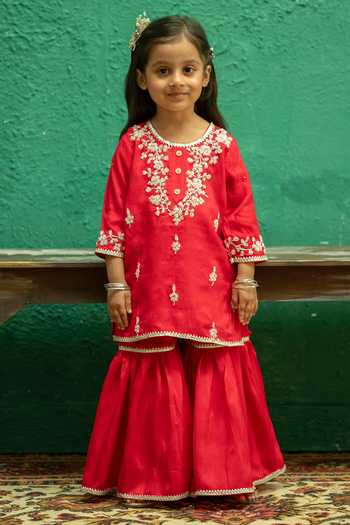 Shop_Rage Attire-Sweta Saria_Red Silk, Bemberg Pearl Work Kurta And Sharara Set _Online_at_Aza_Fashions