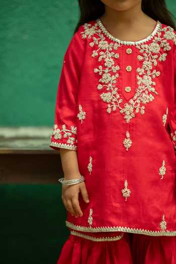Rage Attire-Sweta Saria_Red Silk, Bemberg Pearl Work Kurta And Sharara Set _at_Aza_Fashions