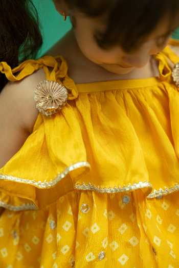 Rage Attire-Sweta Saria_Yellow Chinon Bandhani Sharara And Tiered Top Set _Online_at_Aza_Fashions