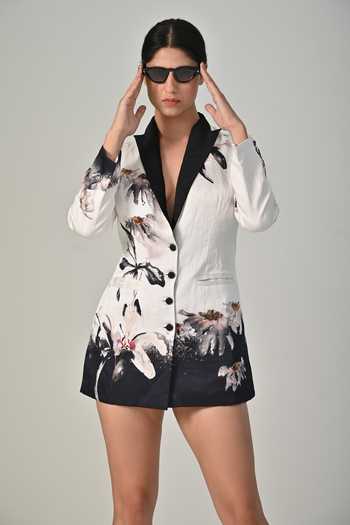 BAANI KHURANA_Black Satin V-neck Floral Print Designer Blazer Dress _at_Aza_Fashions