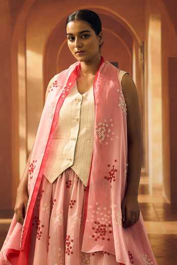 Buy_Vivek Karunakaran_Pink Organza V-neck Embroidered Jacket Skirt Set _Online_at_Aza_Fashions