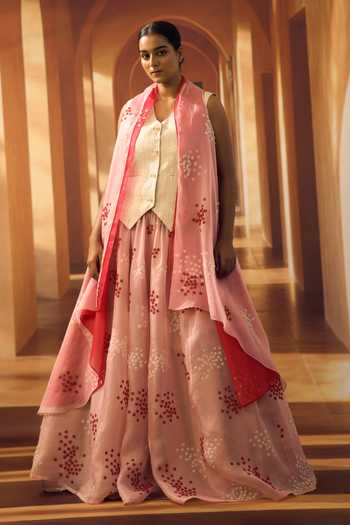Buy_Vivek Karunakaran_Ivory Cotton V-neck Stitchline Thread Embroidered Waistcoat _Online_at_Aza_Fashions