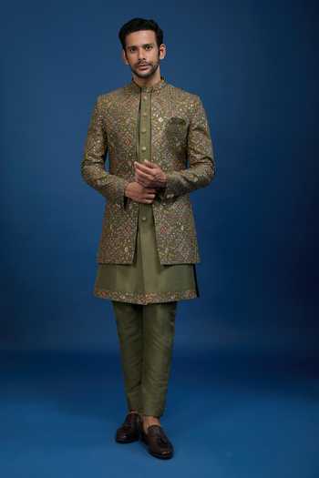 Shop Arihant Rai Sinha Green Silk Embroidery, Zari Butti Sherwani Set Online at Aza Fashions Shop_Arihant Rai Sinha_Green Silk Embroidery, Zari Butti Sherwani Set _Online_at_Aza_Fashions