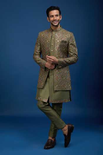Buy Arihant Rai Sinha Green Silk Embroidery, Zari Butti Sherwani Set Buy_Arihant Rai Sinha_Green Silk Embroidery, Zari Butti Sherwani Set