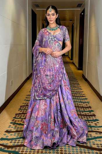 Buy_Mahima Mahajan_Purple Organza, Silk, Chanderi Sequins, Mirrors, Floral Print And Lehenga Set _Online_at_Aza_Fashions