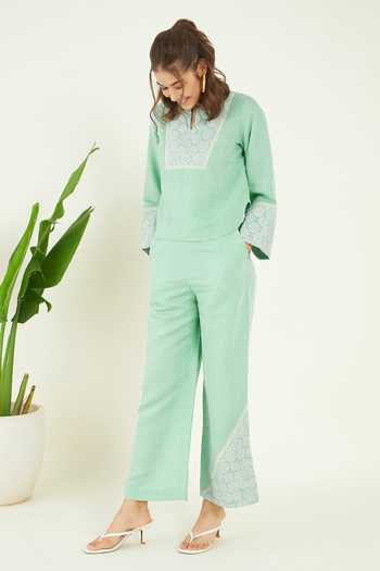 Bohobi_Green Linen Embroidery Open Neck Dori Placement Top With Pant _at_Aza_Fashions
