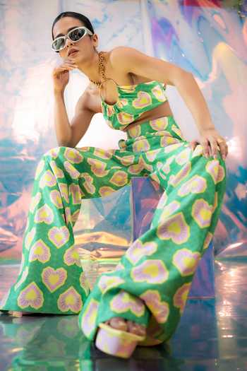 Shop_Papa Don't Preach Pret_Green Satin Halter Neck Blinding Hearts Print Bralette And Flared Pant Set _Online_at_Aza_Fashions