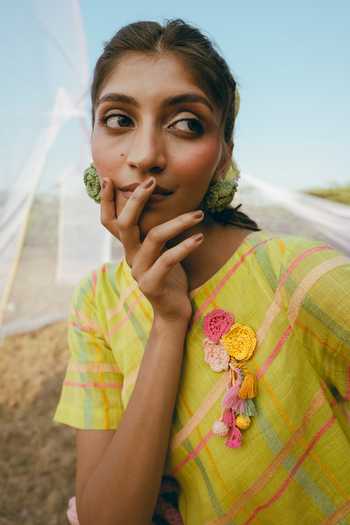 Shop_Nimbu Mirchi_Green Cotton, Linen Round Neck Aam Panna Checkered Pattern Dress _Online_at_Aza_Fashions