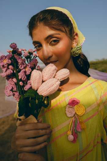 Buy_Nimbu Mirchi_Green Cotton, Linen Round Neck Aam Panna Checkered Pattern Dress 