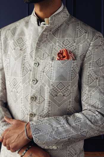 Raghavendra Rathore Jodhpur_Ivory Silk, Linen The Arcadia Geometric Print Achkan _Online_at_Aza_Fashions