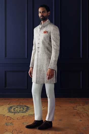 Buy_Raghavendra Rathore Jodhpur_Ivory Silk, Linen The Arcadia Geometric Print Achkan _Online_at_Aza_Fashions