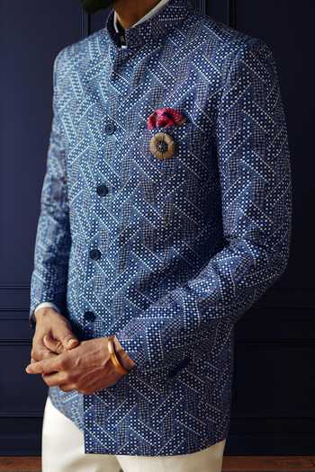 Raghavendra Rathore Jodhpur_Blue Silk, Linen Brooches Geometric Weave Bandhgala _Online_at_Aza_Fashions