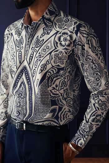 Shop Raghavendra Rathore Jodhpur White Cotton Majestic Ink Printed Shirt Online at Aza Fashions Shop_Raghavendra Rathore Jodhpur_White Cotton Majestic Ink Printed Shirt _Online_at_Aza_Fashions