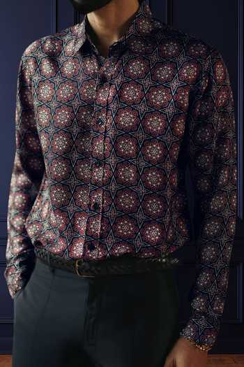 Shop Raghavendra Rathore Jodhpur Black Silk, Twill Midnight Mosaic Print Shirt Online at Aza Fashions Shop_Raghavendra Rathore Jodhpur_Black Silk, Twill Midnight Mosaic Print Shirt _Online_at_Aza_Fashions