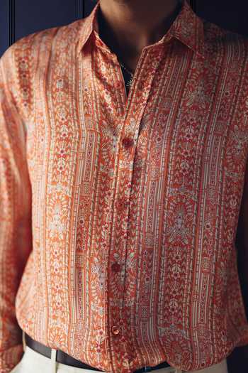 Buy Raghavendra Rathore Jodhpur Orange Silk, Twill Saffron Heritage Printed Shirt Online at Aza Fashions Buy_Raghavendra Rathore Jodhpur_Orange Silk, Twill Saffron Heritage Printed Shirt _Online_at_Aza_Fashions