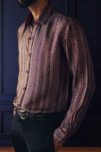 Shop_Raghavendra Rathore Jodhpur_Purple Silk, Twill Patterned Shirt _Online_at_Aza_Fashions