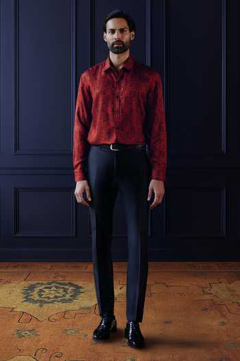 Raghavendra Rathore Jodhpur_Maroon Silk, Twill Artisanal Story Printed Shirt _Online_at_Aza_Fashions