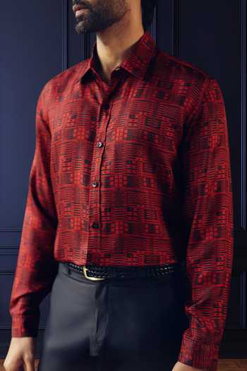 Buy_Raghavendra Rathore Jodhpur_Maroon Silk, Twill Artisanal Story Printed Shirt _Online_at_Aza_Fashions